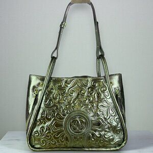 Sharif Leather Metallic Green Tooled Shoulder Bag New without Tags